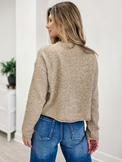 Raw Edge Mock Neck Button Down Cardigan
