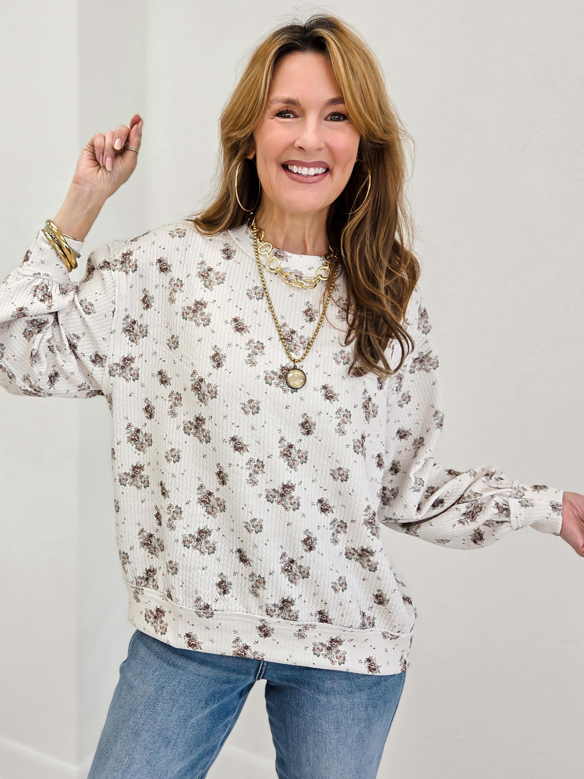 Floral Dot Print Long Sleeve Textured Knit Top