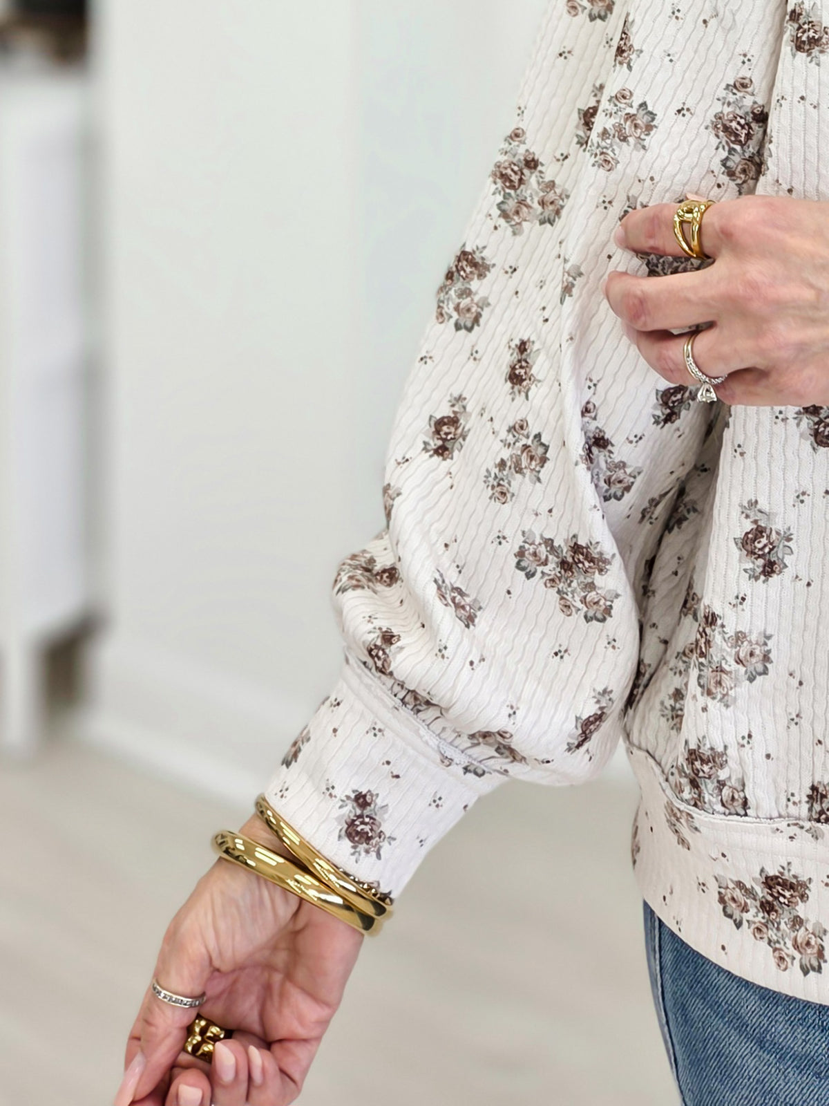 Floral Dot Print Long Sleeve Textured Knit Top