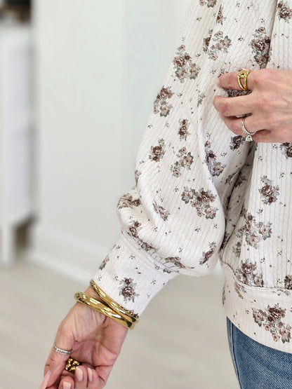 Floral Dot Print Long Sleeve Textured Knit Top