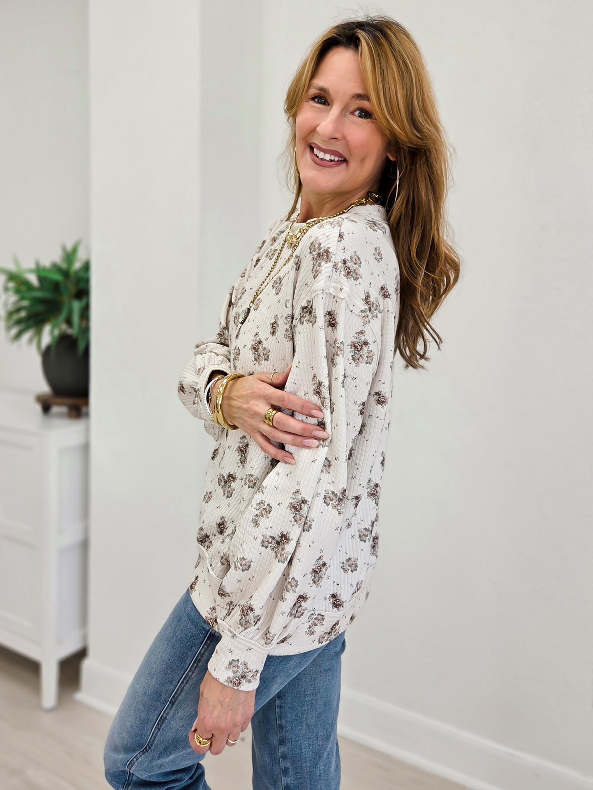 Floral Dot Print Long Sleeve Textured Knit Top