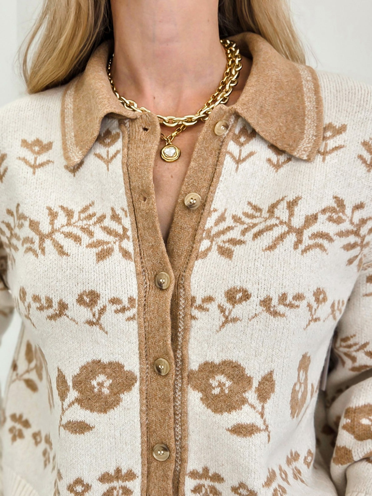Floral Jacquard Contrast Collar Knit Cardigan