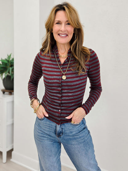 Stripe Mock Neck Raw Edge Knit Cardigan