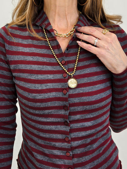 Stripe Mock Neck Raw Edge Knit Cardigan