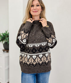 Fair Isle Hem Crew Neck Marled Knit Sweater