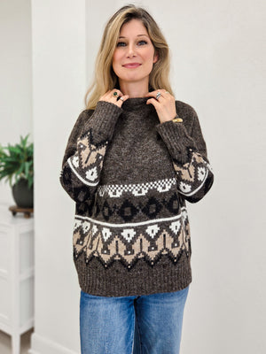 Fair Isle Hem Crew Neck Marled Knit Sweater