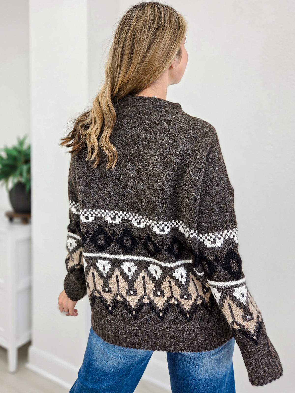 Fair Isle Hem Crew Neck Marled Knit Sweater