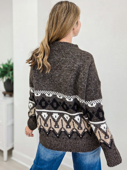 Fair Isle Hem Crew Neck Marled Knit Sweater