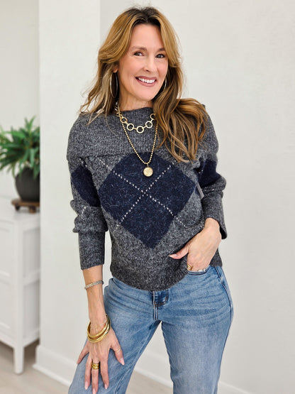 Argyle Wide Fold Over Knit Pullover Sweater