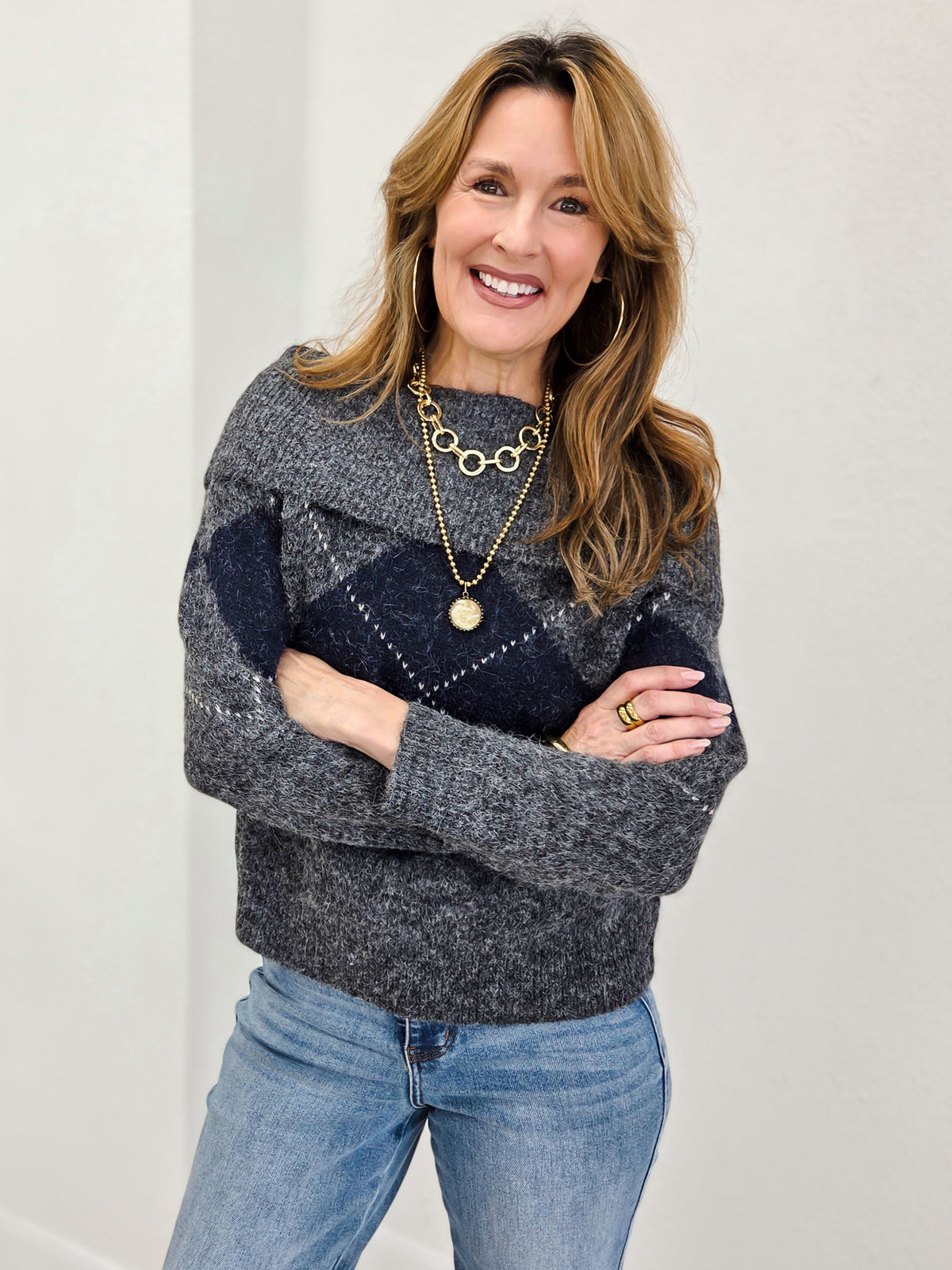 Argyle Wide Fold Over Knit Pullover Sweater
