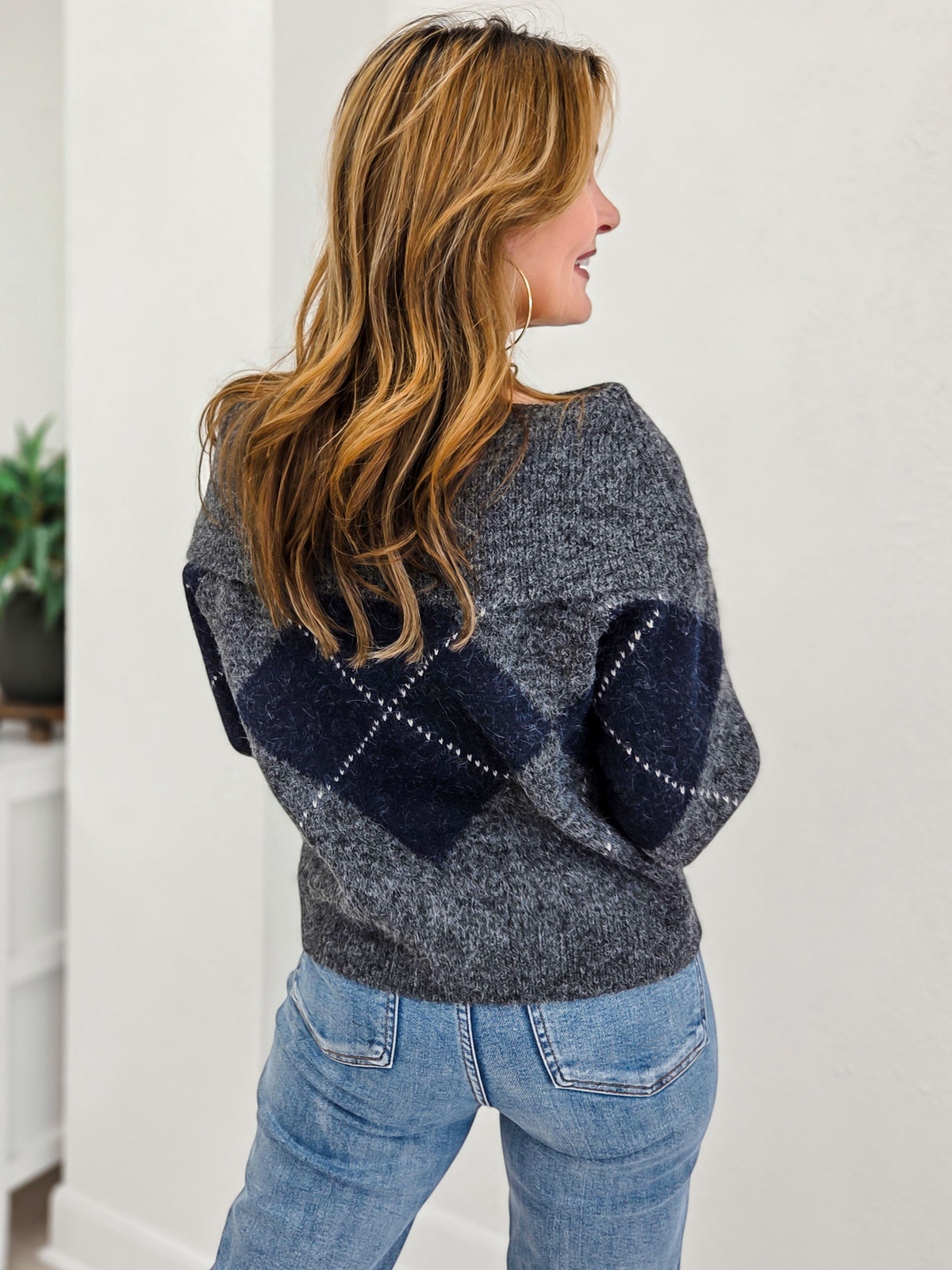 Argyle Wide Fold Over Knit Pullover Sweater