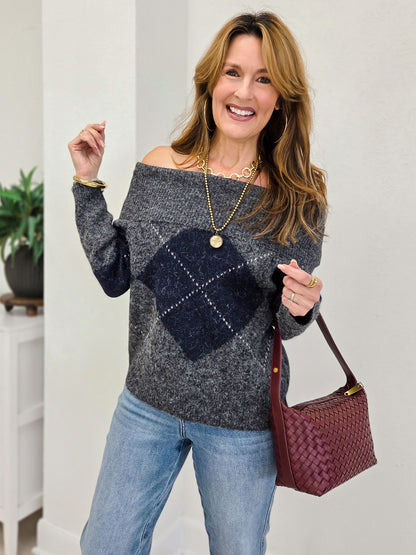 Argyle Wide Fold Over Knit Pullover Sweater