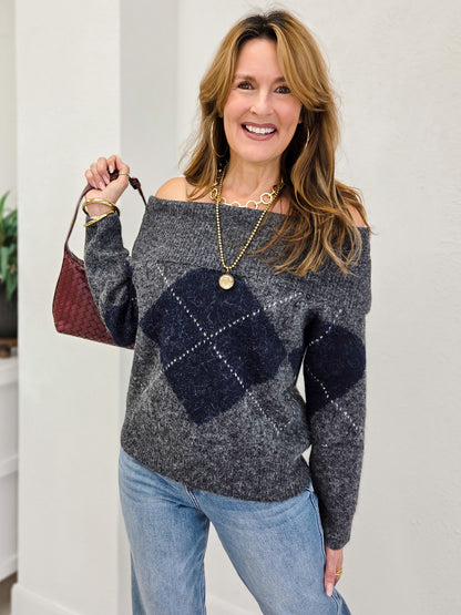 Argyle Wide Fold Over Knit Pullover Sweater