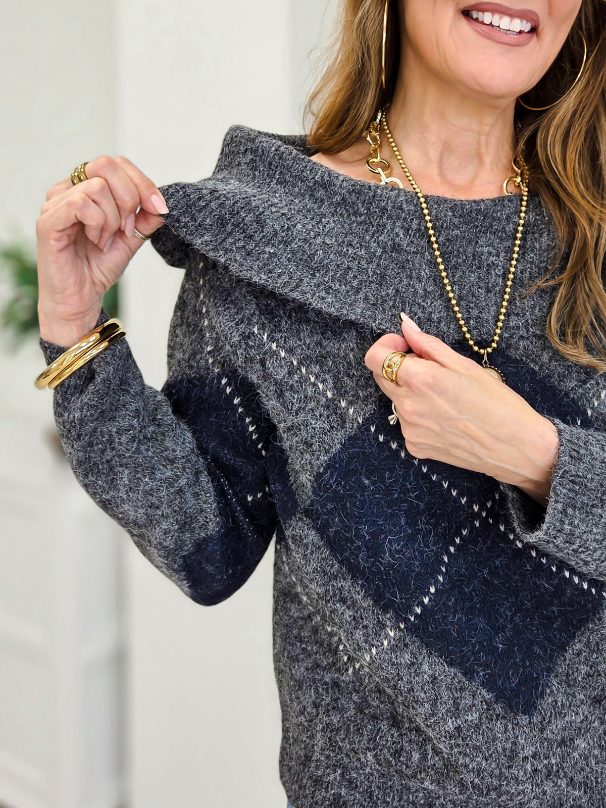 Argyle Wide Fold Over Knit Pullover Sweater