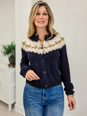 Fair Isle Yoke Fold Button Down Cardigan