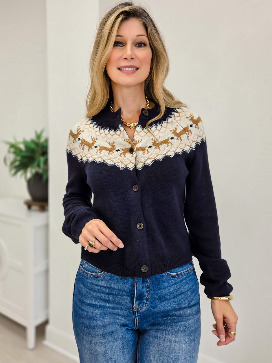 Fair Isle Yoke Fold Button Down Cardigan