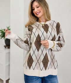 Argyle Crewneck Ribbed Sweater
