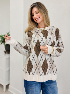 Argyle Crewneck Ribbed Sweater