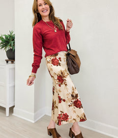 Floral Satin Fodet Midi Skirt