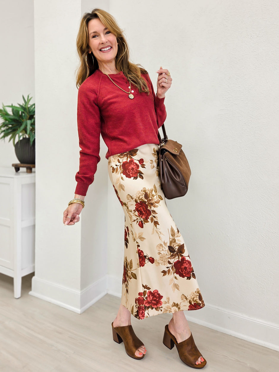 Floral Satin Fodet Midi Skirt