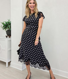 Polka Dot Lace Trim Short Sleeve Midi Dress
