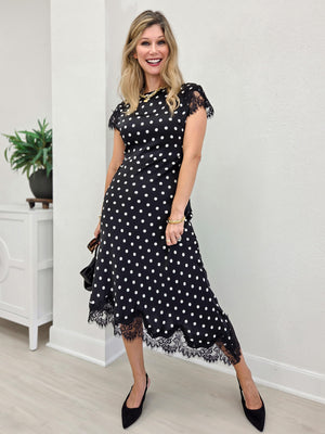 Polka Dot Lace Trim Short Sleeve Midi Dress