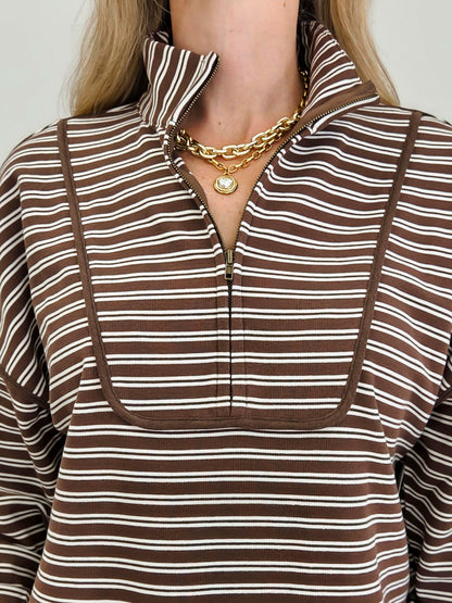 Half Zip Stripe Contrast Trim Long Sleeve Knit Top