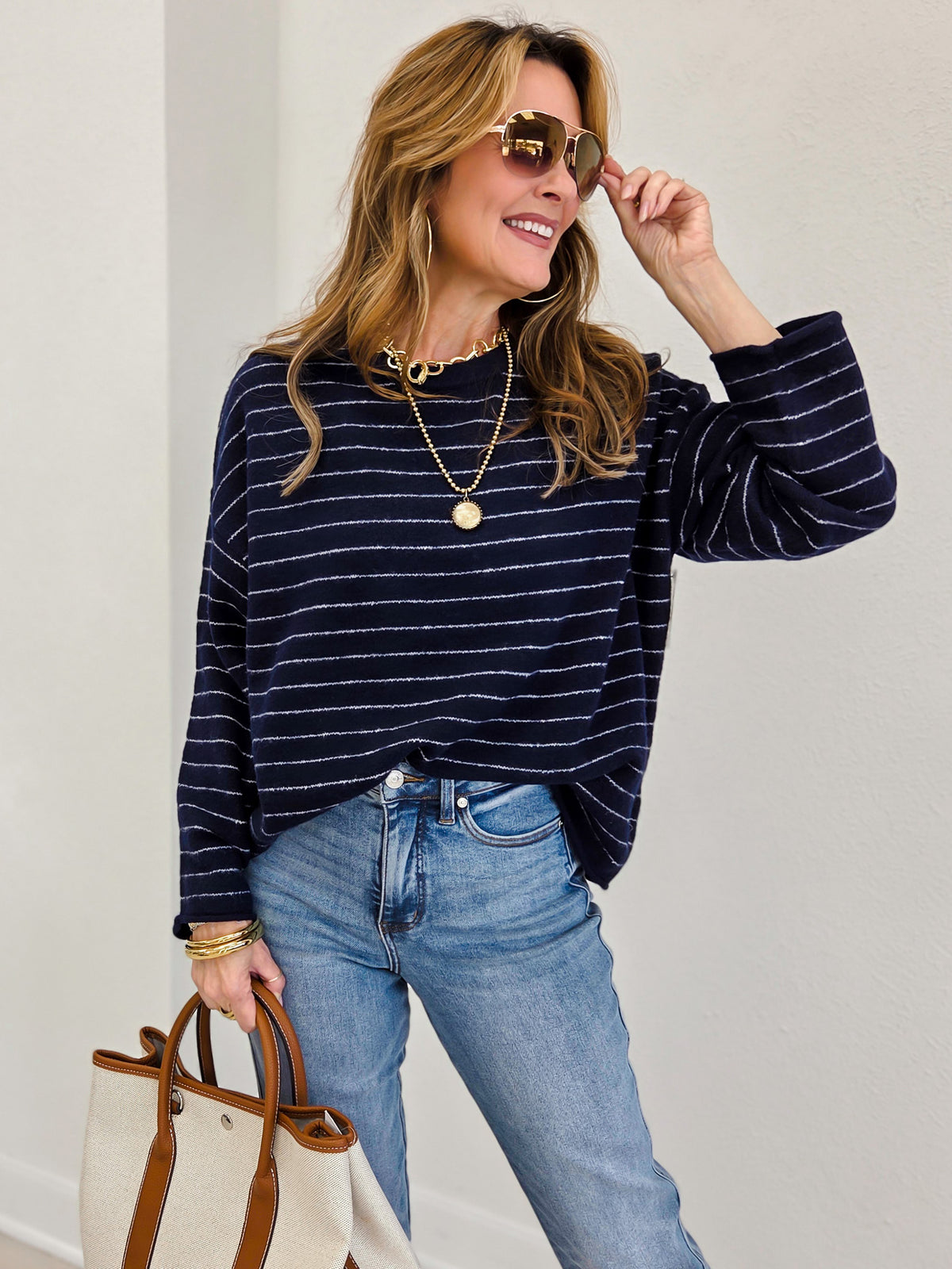 Striped Crew Neck Boxy Pullover Sweater