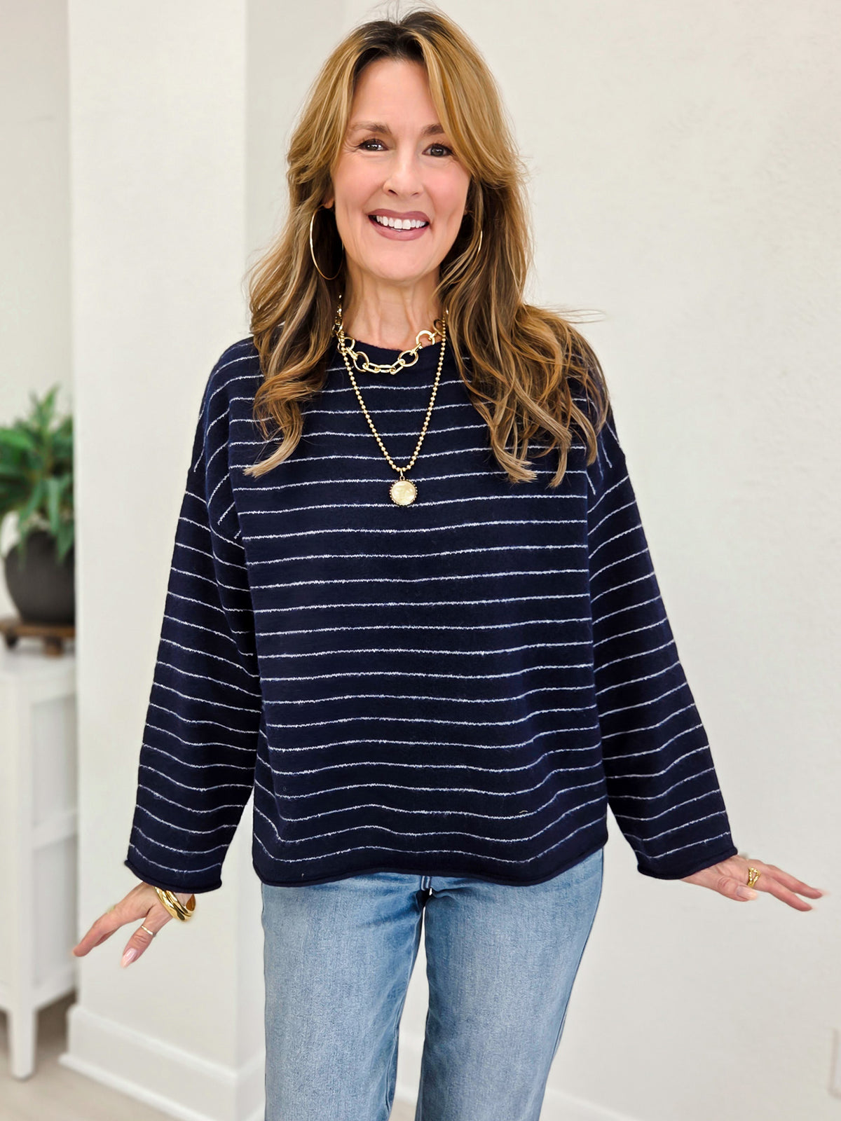 Striped Crew Neck Boxy Pullover Sweater