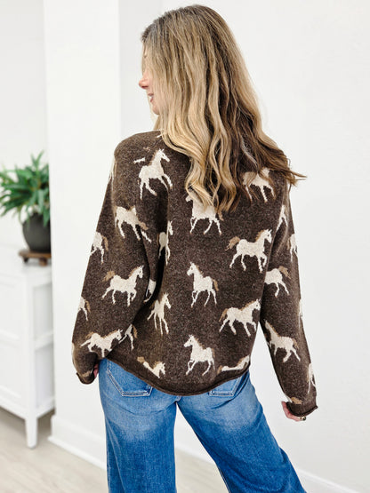 Horse Jacquard Long Sleeve Knit Sweater
