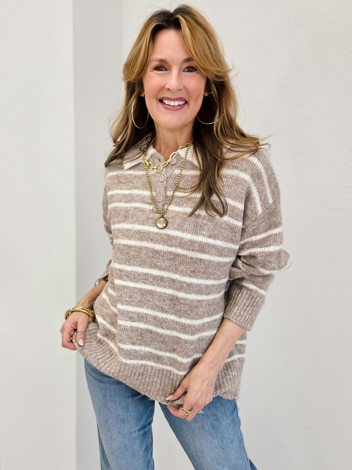 Heathered Stripe Collared Fuzzy Sweater