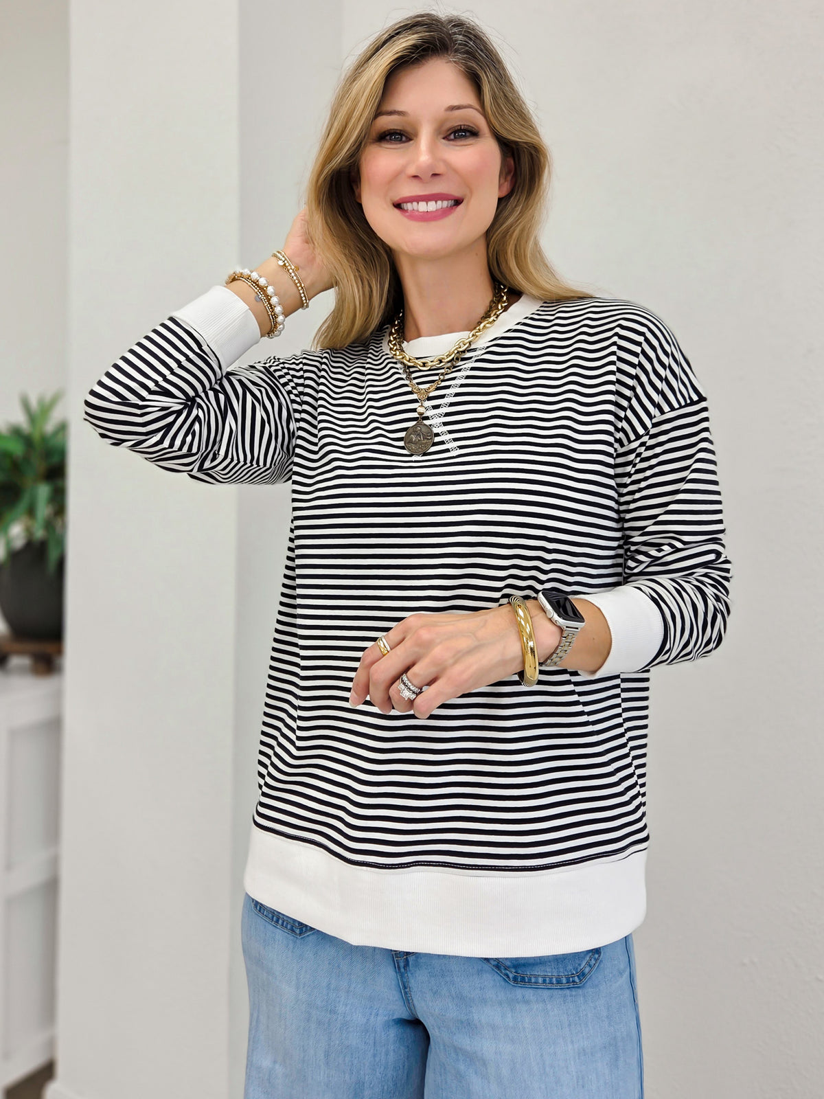 Striped Banded Long Sleeve Pullover Top