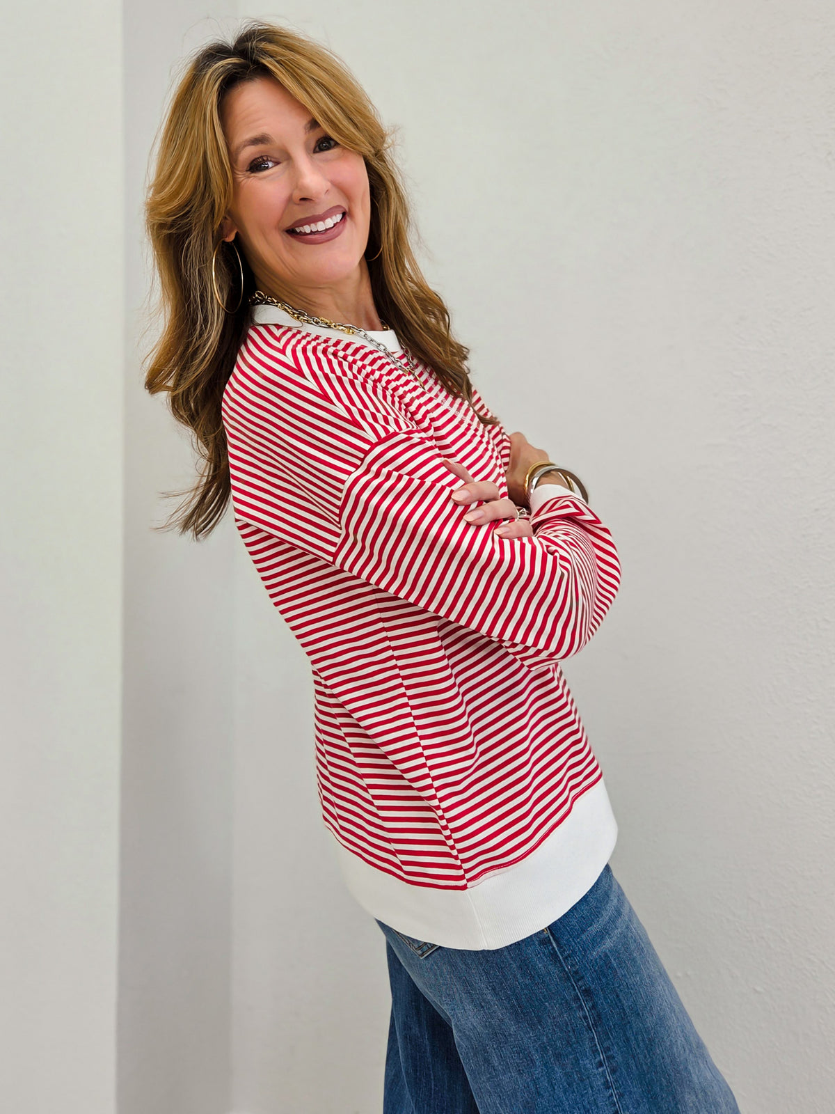 Striped Banded Long Sleeve Pullover Top