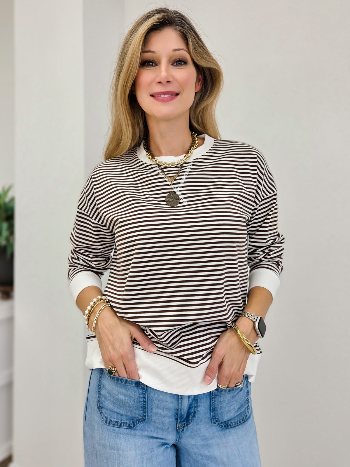 Striped Banded Long Sleeve Pullover Top