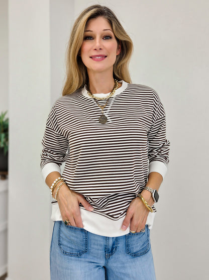 Striped Banded Long Sleeve Pullover Top