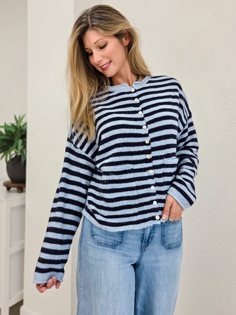 Two Tone Striped Button Front Cardigan