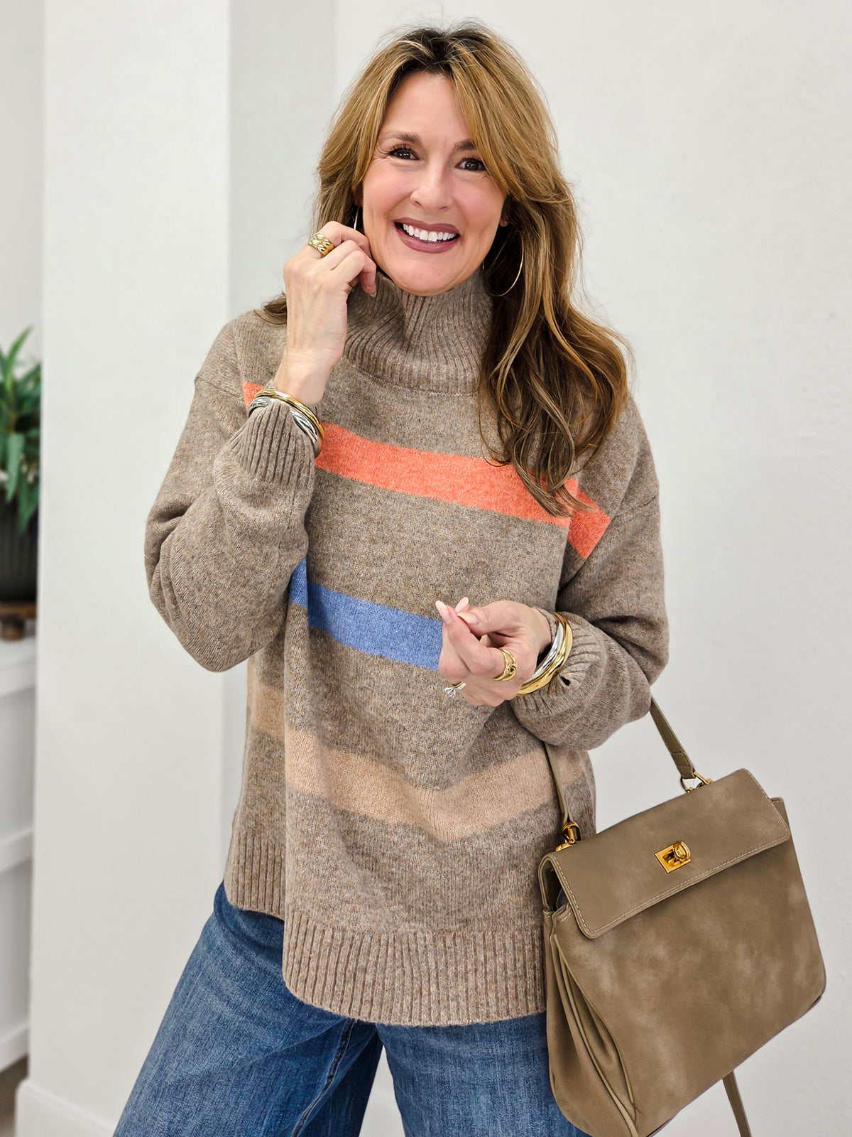 Color Block Striped Turtleneck Sweater