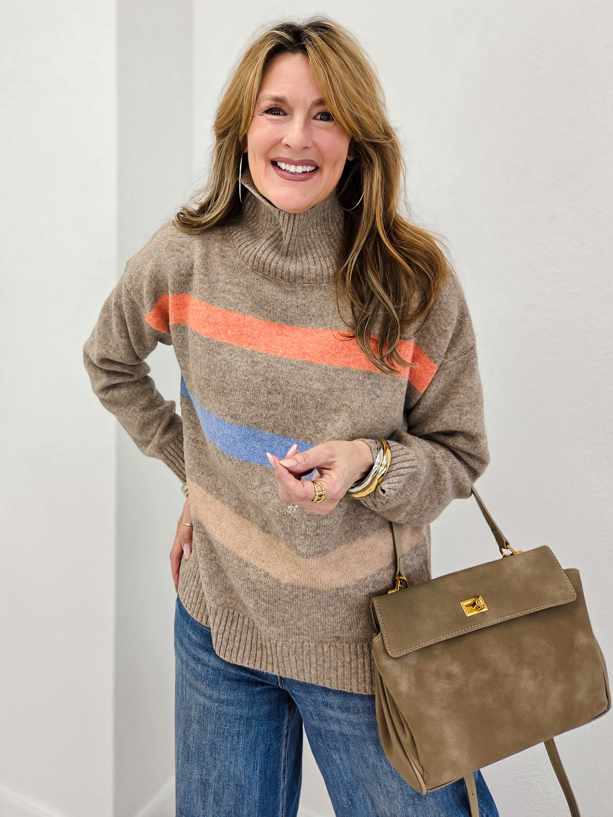 Color Block Striped Turtleneck Sweater