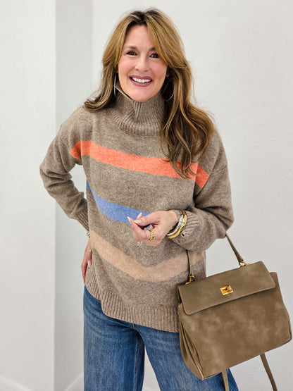 Color Block Striped Turtleneck Sweater