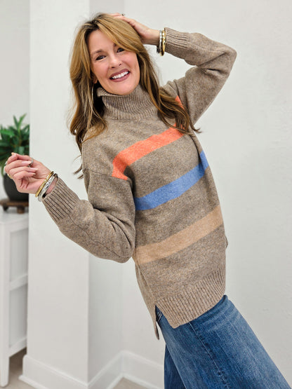 Color Block Striped Turtleneck Sweater