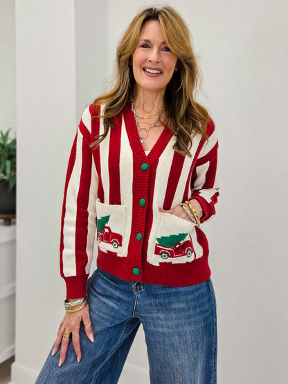 Christmas Truck Striped Cardigan