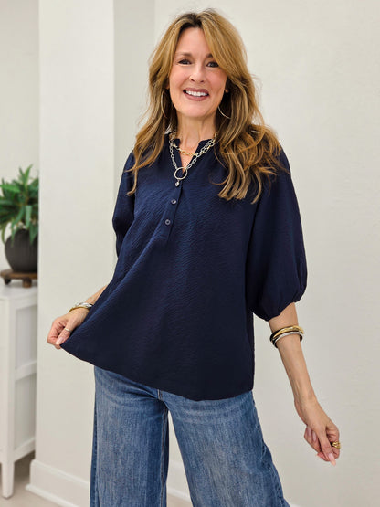 Textured Puff Sleeve Split Neck Blouse