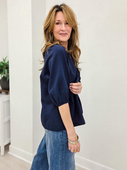Textured Puff Sleeve Split Neck Blouse