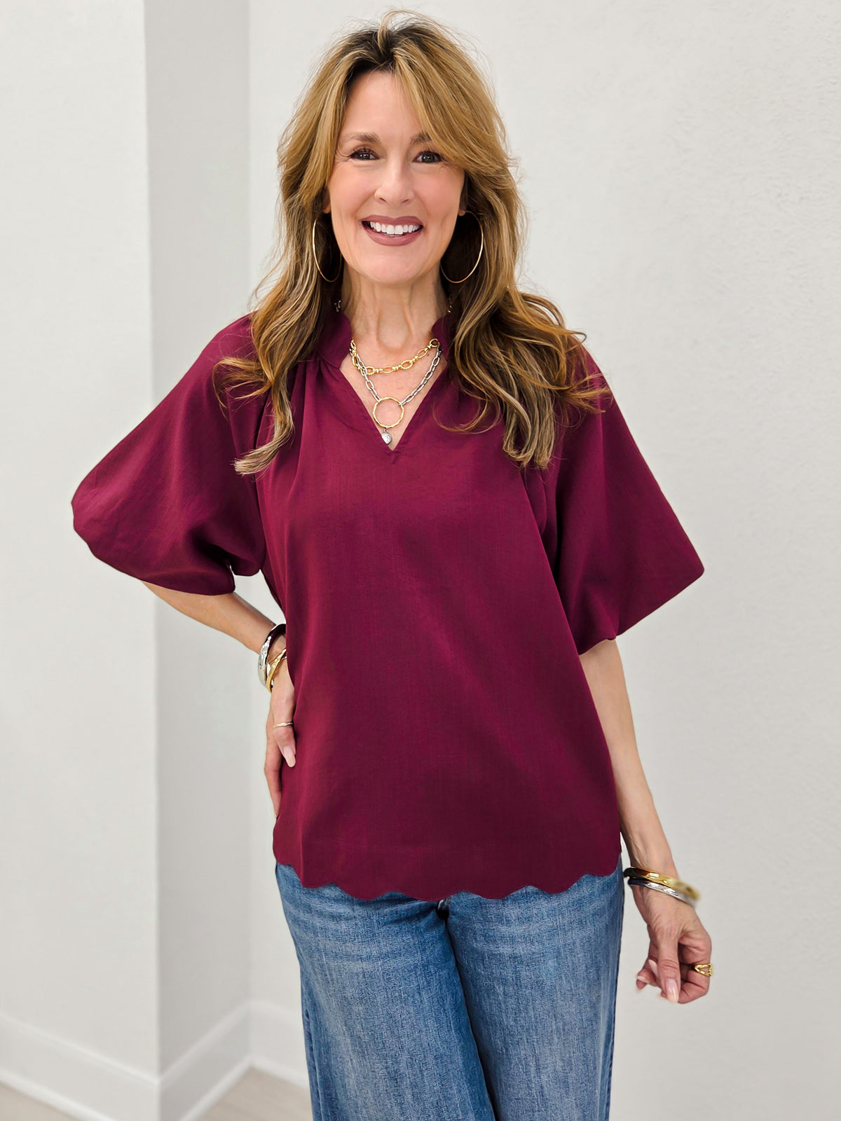 Sophisticated Scalloped Puff Sleeve Blouse