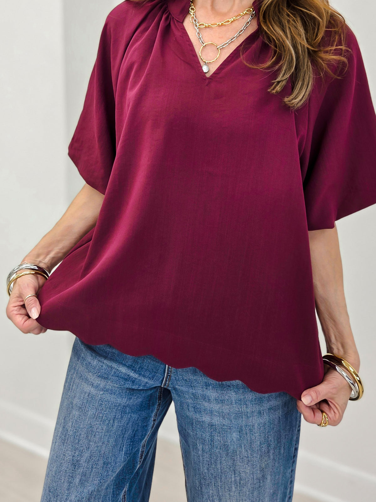 Sophisticated Scalloped Puff Sleeve Blouse