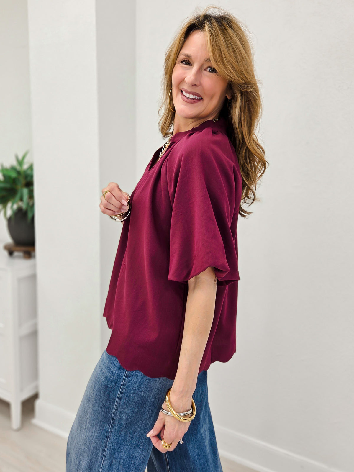 Sophisticated Scalloped Puff Sleeve Blouse