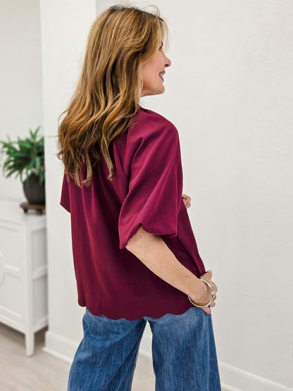 Sophisticated Scalloped Puff Sleeve Blouse