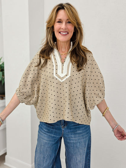 Polka Dot V-Neck Peplum Blouse