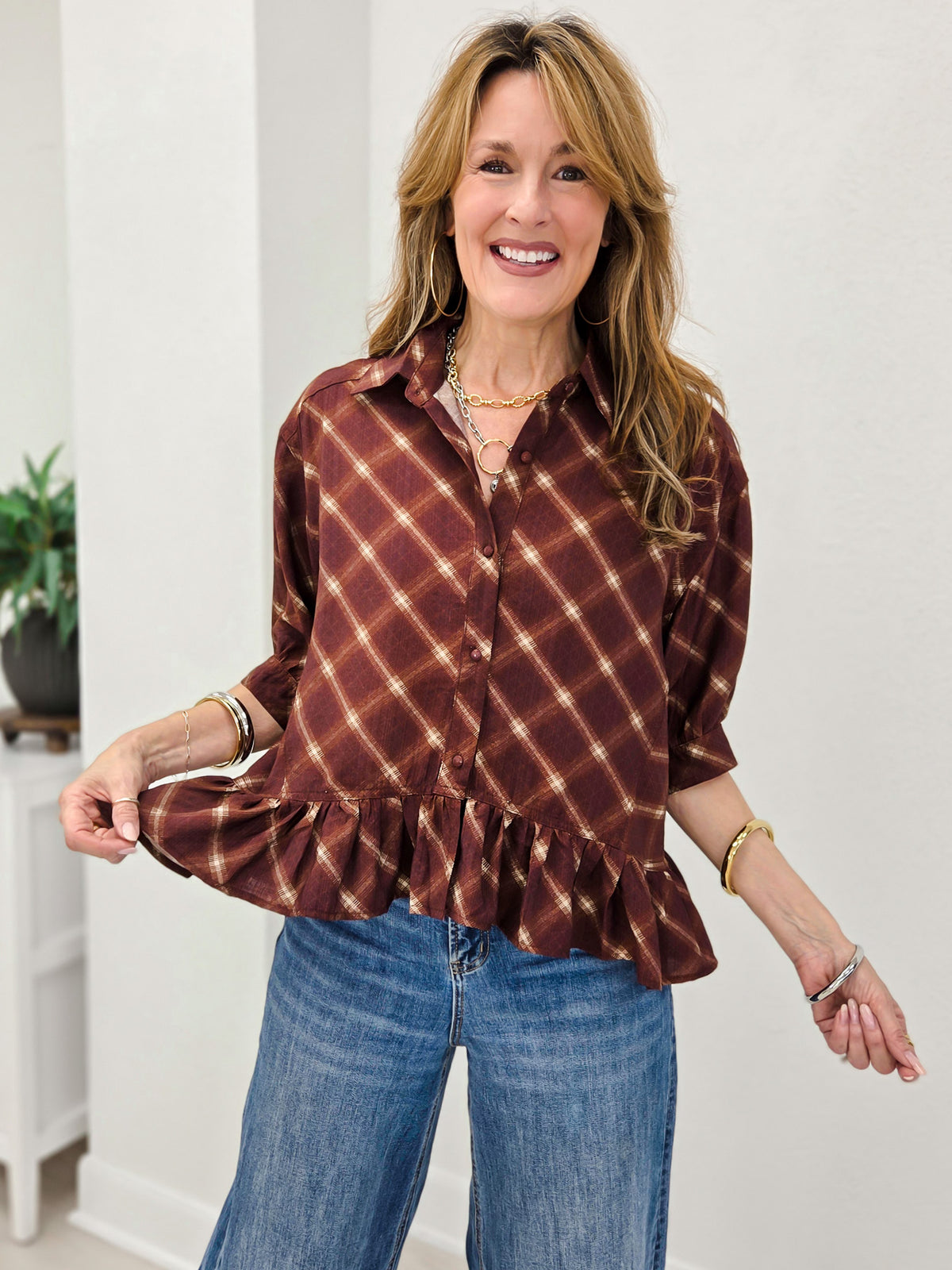 Plaid Ruffle Hem Button-Down Blouse