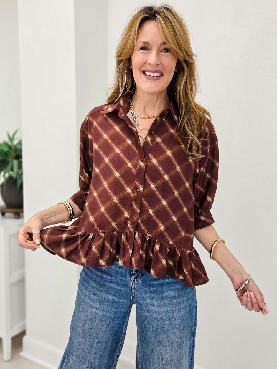 Plaid Ruffle Hem Button-Down Blouse